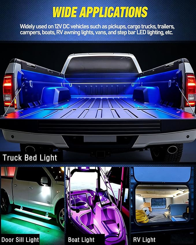 3PCS RGB Truck Bed Lights Kit - 1.5M 270pcs 5050 RGB LED Strips, 12V Remote (8 Colors/8 Brightness), 4 Flashing & 4 Music Sync Modes, IP65 Waterproof for Trucks/SUVs/RVs/Camping