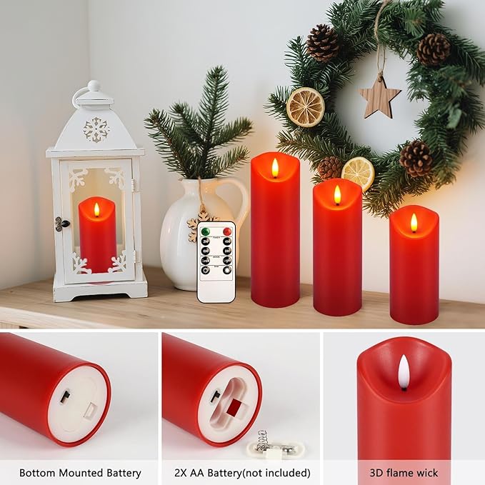 24-Pack Red Flameless LED Candles with Remote - Realistic Flickering Battery - Operated Pillar Candles forValentine's Day, Home Decor, Weddings, Parties.