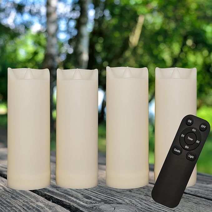 iZAN 4 Pack Flameless Battery Operated LED Pillar Candles with Remote Outdoor Waterproof Flickering Decorative Lights for Halloween Christmas Home Kitchen Décor Wedding Party Event Decorations 2”x5”