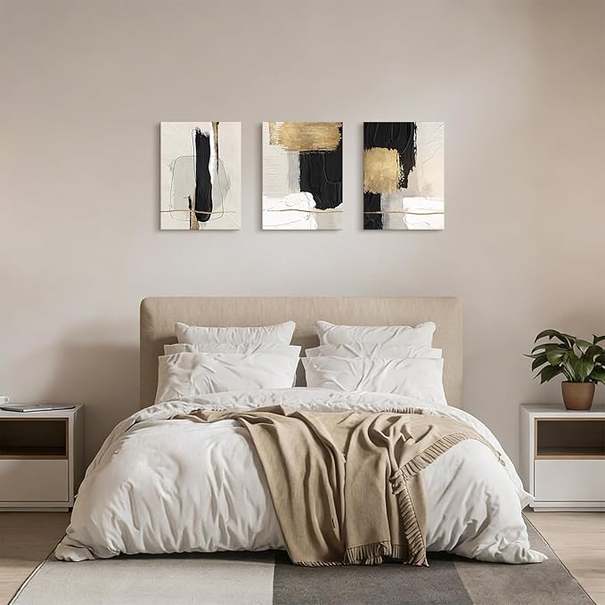 Framed Black and White Abstract Wall Art for Living Room,3 Piece Modern Textured Paintings Artwork for Walls,Minimalist Abstract Black Gold Canvas Pictures Prints for Hallway Office Wall Decor,12x16in
