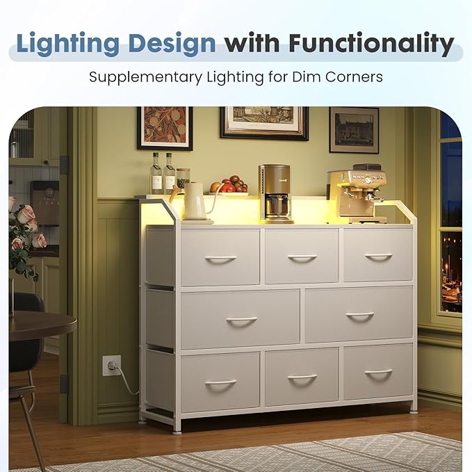 DUMOS TV Stand Dresser with 8 Fabric Drawers, 8-Drawer Chest of Drawers with APP Control LED Lights and Type-C Charging Station, Fabric Storage Tower TV Stand for Living Room, White