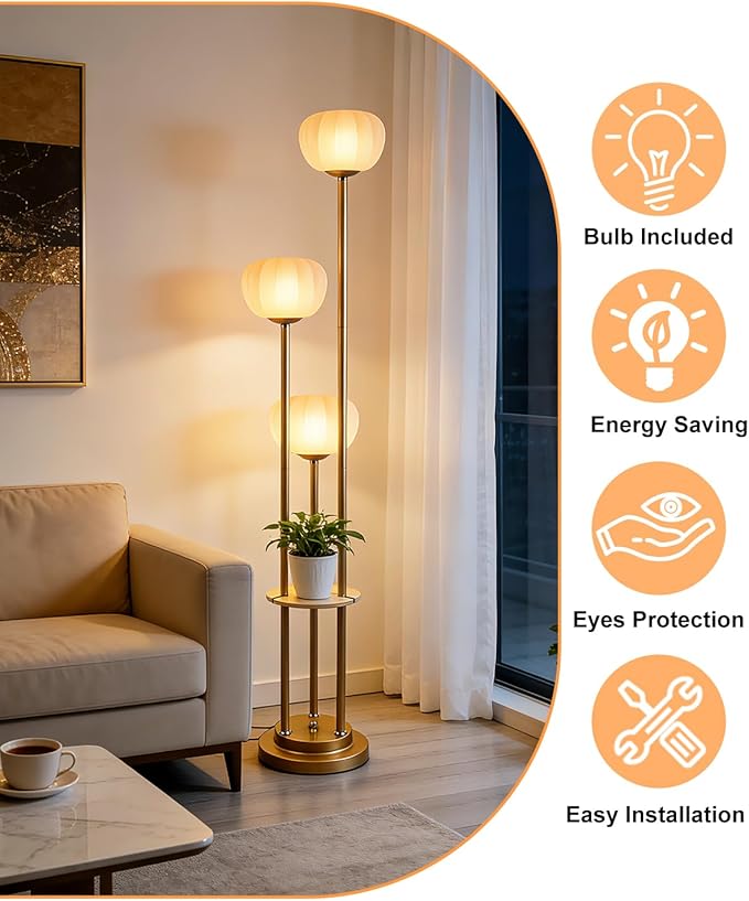 Lightdot Gold Dimmable Floor Lamp with Table, Mid Century Modern Floor Lamps with Pumpkin Lampshade & Bulbs, 3-Light Tall Standing Lamp for Living Room/Bedroom/Sofa Beside/Corner Decor
