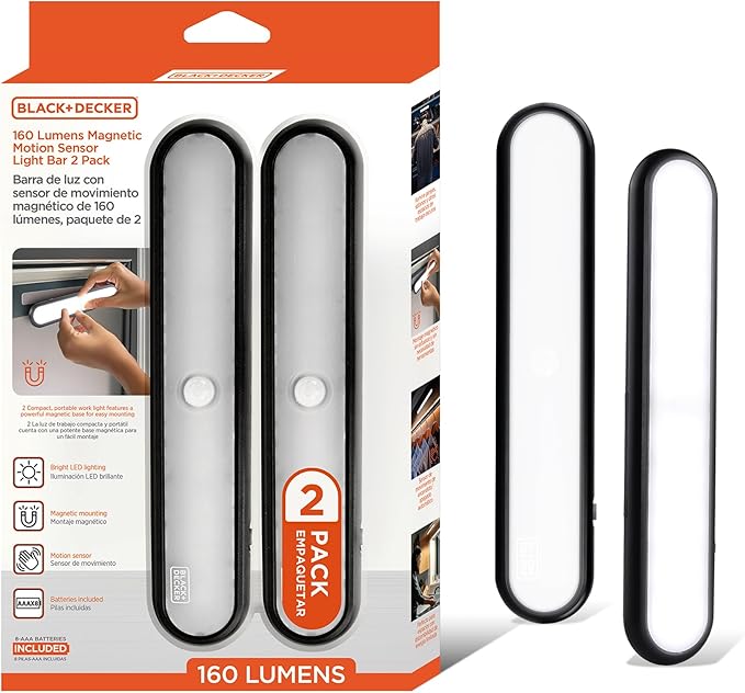 BLACK+DECKER 2-Pack LED Light Bars, 160LM Touchless Motion Sensor Lights, Magnetic Mount LED Strip Lights, Battery Powered Slim Portable Lights for Closet, Garage, Shelf, Indoor