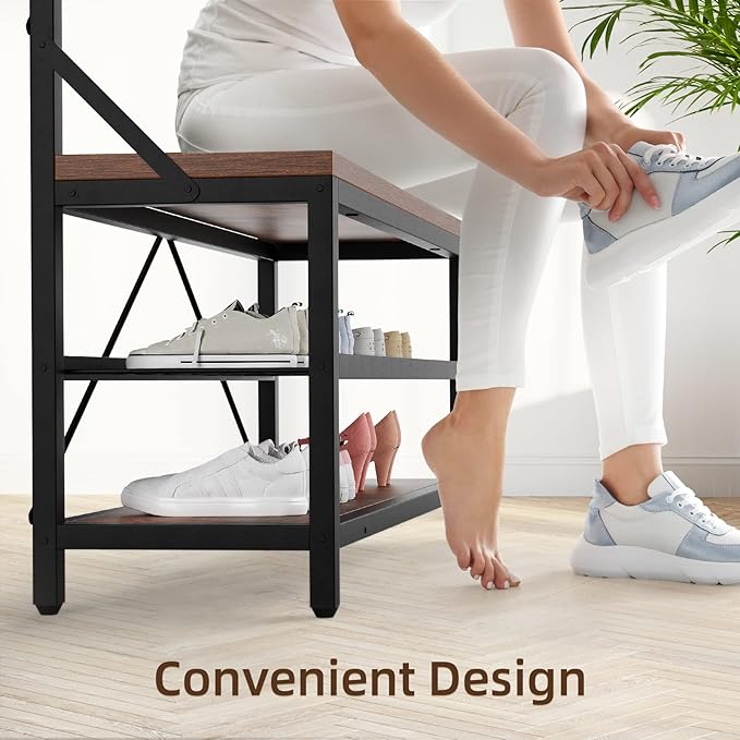 IDEALHOUSE Coat Rack Shoe Bench Industrial Hall Tree Storage Bench for Entryway Wood Look Accent Large Shoe Rack with Storage Shelf Hanging Bar,8 Hooks Grey 39.9"x15.7"x72"