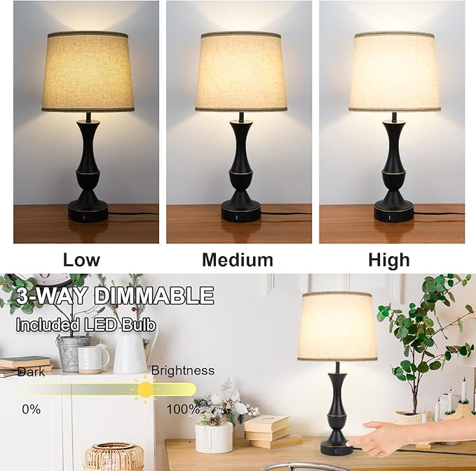 Touch Lamps for Bedrooms Set of 2, Farmhouse Table Lamp with USB C Charging Port, 3 Way Dimmable Nightstand Lamps with Linen Fabric Lampshade for Bedroom, Living Room (Pack2-Black)