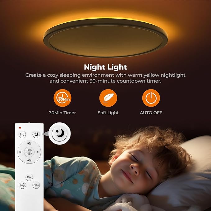 Matane 15.4in LED Flush Mount Ceiling Light Fixture with Remote, 2000K Warm Nightlight, Dimmable 3000K-6500K Low Profile Ceiling Lights for Bedroom, Living Room, 3600LM, White
