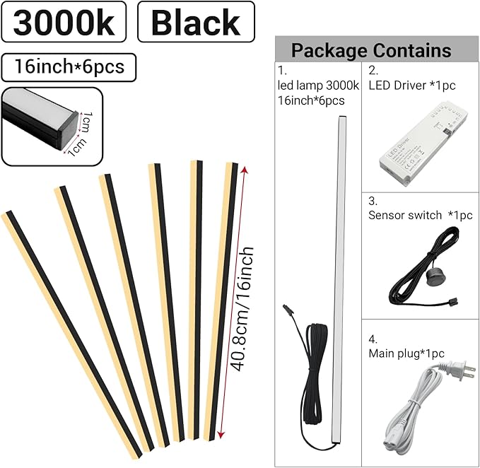HAMRVL 6pcs 16-Inch DC12V Black 3000K Warm White LED Wall Panel Lights, Self-Adhesive Dimmable Touch Switch Slat Wall Lights Strip for Wood Slat Wall Panels, Media Acoustic Panel, Bedroom Headboard
