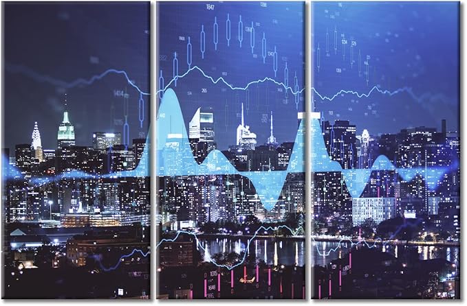 TUMOVO Forex Chart Drawings Over Cityscape Canvas Wall Art 3 Panel Smart City and Information Technology Abstract Paintings Wall Decor for Bedroom Print on Canvas Framed Ready to Hang (60" Wx40 H)