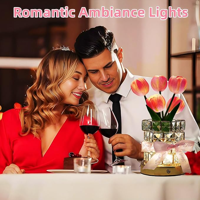 Tulips Flower Lamp,Mothers Day Gifts ,Rechargeable Cordless Touch Night Light for Bedroom Flowers Decor,3-Colors Dimming Crystal Bedside Table Lamps,Birthday Mother’s Day Gifts for Women,Mom,Wife