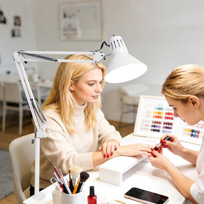 Desk Lamp With Clamp for Home Office, Eye-Caring Clip on Light with Adjustable Extra Tall Metal Swing Arm, High Intensity Clamp Lamp w/LED Bulb, Architect Task Table Lamps for Study, Workbench-W/5000k