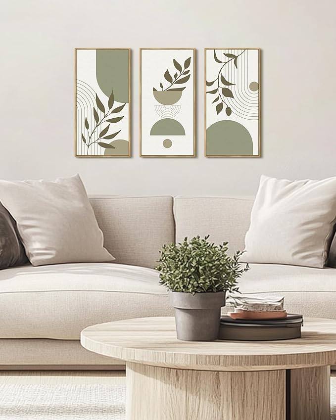KUVIOKE Boho Light Green Wall Art Framed Botanical Leaf Artwork Minimalist Line Decor for Bathroom Living Room 8x16in3pcs Natural Framed