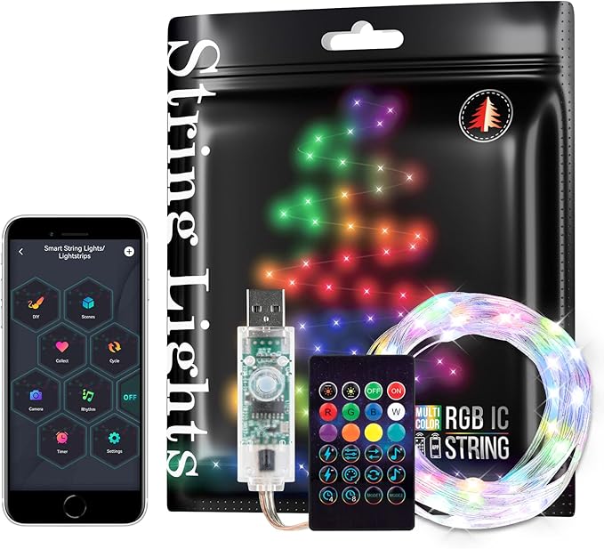 Smart Fairy String Lights RGB IC WS2812B IC 6.5FT USB Bluetooth Twinkle with Timer and Remote, Music Sync Funny Modes Color Chasing Firefly Lights for Room Curtain Christmas Wedding Party Decor IP65