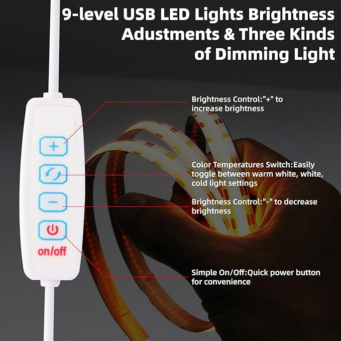 5V USB LED Strip Light 3.28ft Under Cabinet Tape Lights 1m Dimmable COB LED Lights 640LEDs 6000K White Cuttable LED Light Strip for Bedroom Sewing Machine DIY Lighting TV Backlight
