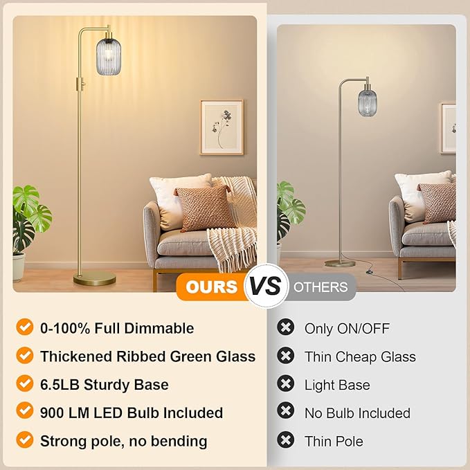 【Upgraded】 Dimmable Glass Floor Lamp for Living Room, Modern Gold Standing Lamp with Gray Ribbed Glass Lampshade & Knob Dimmer, Arc Tall Lamp for Bedroom Office Reading Room, 2700K Led Bulb Included