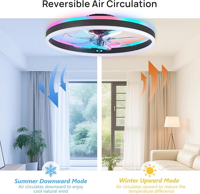 RGB Ceiling Fans with Lights, 19.7" Smart Low Profile Ceiling Fan, Modern Flush Mount Fandelier Light with Remote/APP Control, Dimmable Led Ceiling Fan Light for Living Room, Bedroom, Indoor