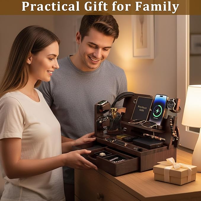 Nightstand Organizer for Men with Large Drawer, Wood Phone Docking Station for Phone, Apple Watch, Wallet & Keys, Ideal Birthday Gift for Father Husband, Bedside Desk Organizer (Espresso)