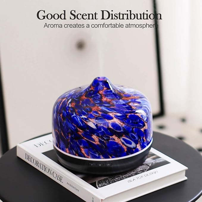 Porseme 500ml Glass Essential Oil Diffuser Aromatherapy Ultrasonic Cool Mist Humidifier 15-21 Running Hours Waterless Auto-Off Air Diffusers for Sleeping Yoga Working Spa(Deep Blue)