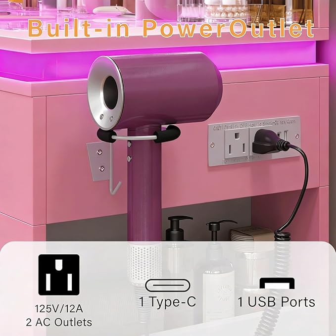 Pink Vanity Desk with Illuminated Mirror & Power Outlet, Bedroom Dresser LED Mirror Stepless Dimmable & 3 Color Modes Adjustable RGB Drawers, for Women Girls Bedroom（Pure Pink