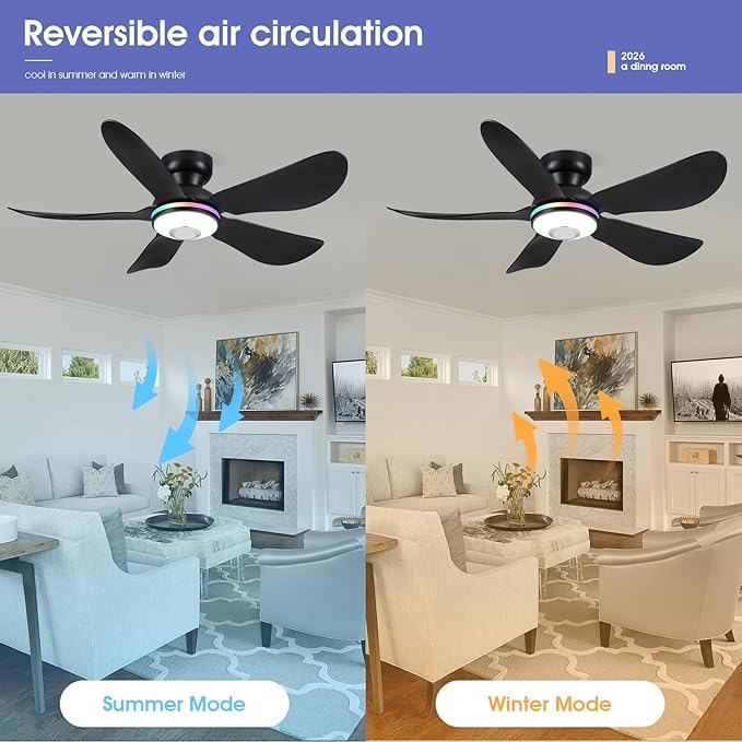 46" Ceiling Fans with RGB Lights Remote/APP Control, Low Profile, 3 CCT Dimmable White Lights+RGB Ring Lights+Music Player, 5 Reversible Plastic Blades 6 Speeds for Kidsroom, Black