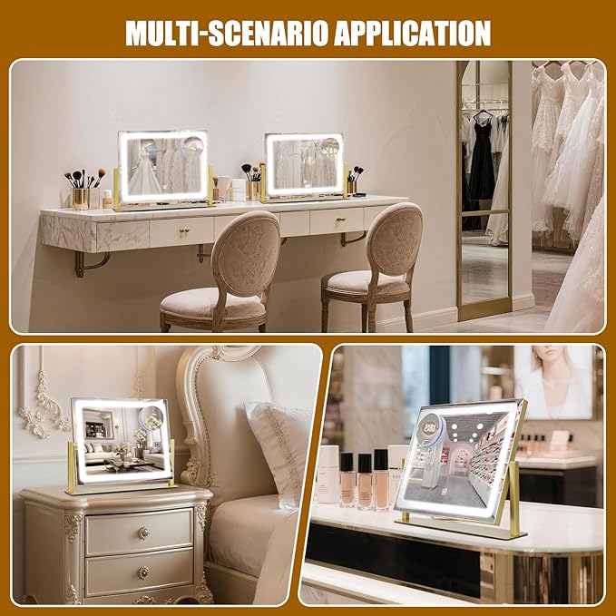 Vanity Mirror with Lights, 16"×12" LED Makeup Mirror, HD Professional Mirror, 10X Magnification, Smart Touch with 3-Color Lighting, Dimmable, 360° Rotation, Lighted Up for Makeup Desk, Bedroom (Gold)