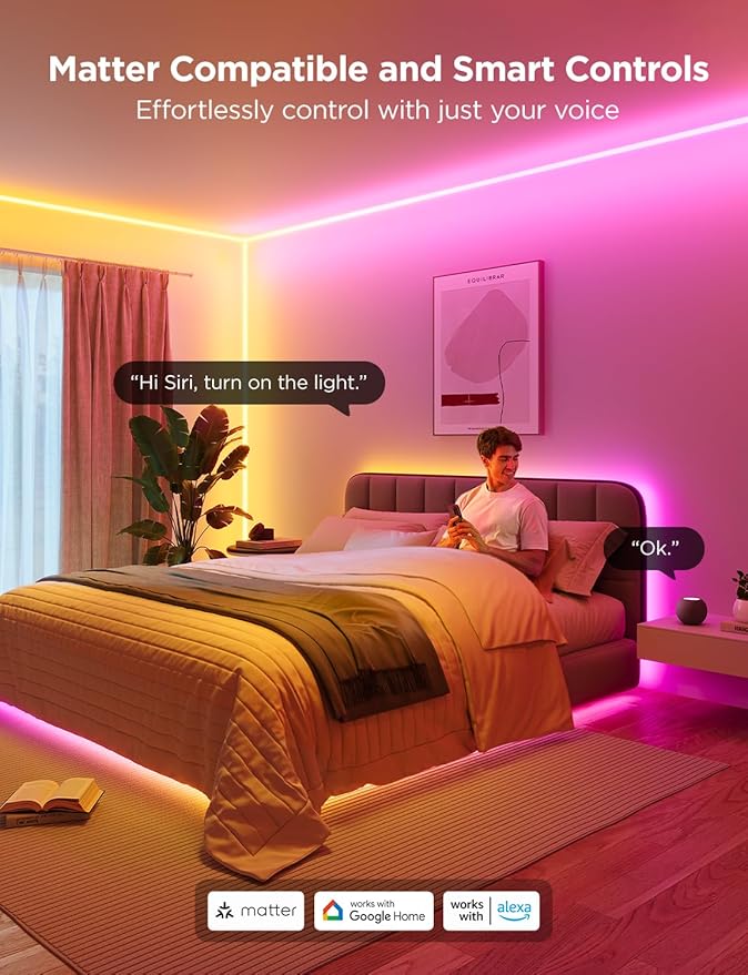 Govee Neon Rope Light for Wall Lining, LED Rope Lights Work with Matter, Google Assistant, Alexa, 16.4ft RGBIC Strip Lights with Smart App Control and Music Sync for Living Room, Bedroom, Wall Corners