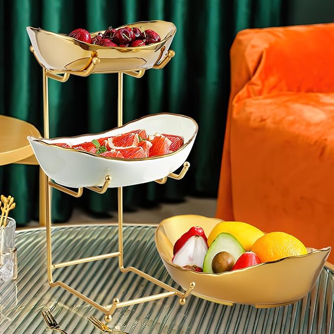 Ceramic Fruit Bowl for Kitchen Counter - 3 Tier Fruit Basket with Metal Stand, Tiered Fruit Stand for Countertop, Snack, Nuts, Cake, Dessert, Small & Cute (Gold & White,Small)