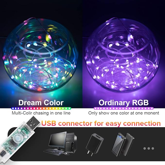 BTF-LIGHTING RGB IC WS2812B USB Twinkle Smart Fairy Light String 16.4FT 50Pixels Transparent Wire Music Bluetooth Mesh APP IR Remote DIY Control Sync Color Chasing IP65 For Christmas Tree Bedroom DC5V