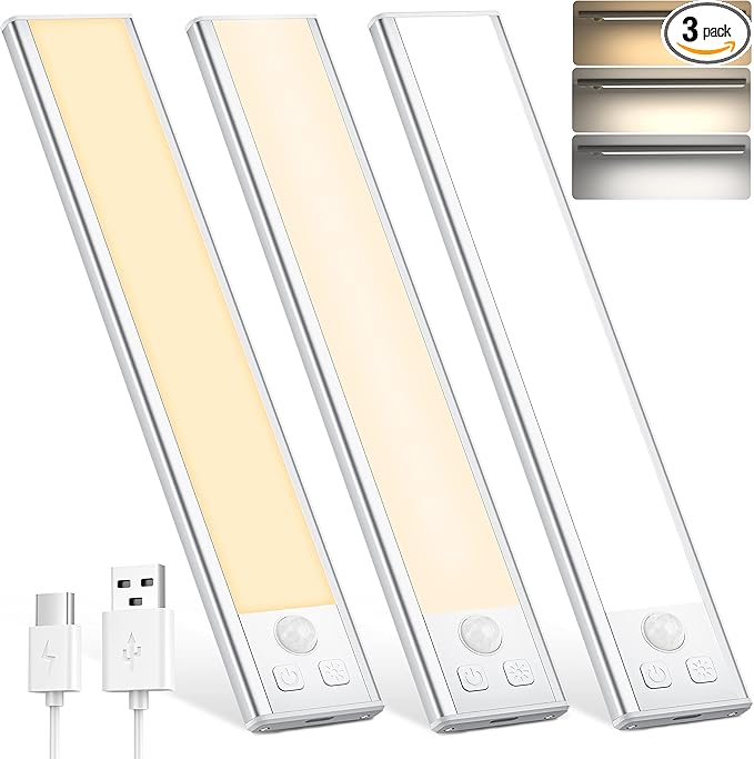 Under Cabinet Lights Motion Sensor 3 Color Temperatures LED Closet Light, USB-C Rechargeable Under Counter Lights Night Light for Kitchen, Wardrobe (Silver - 3 Color, 8.07 Inch - 3 Pack)