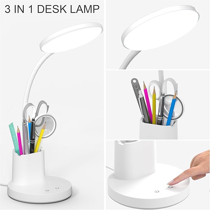 Desk Lamp, LED Desk Lamp for Home Office, Touch Table Lamp with 3 Color Modes 360° Adjustable Arm, Dimmable Desk Light with Pen Phone Holder, White