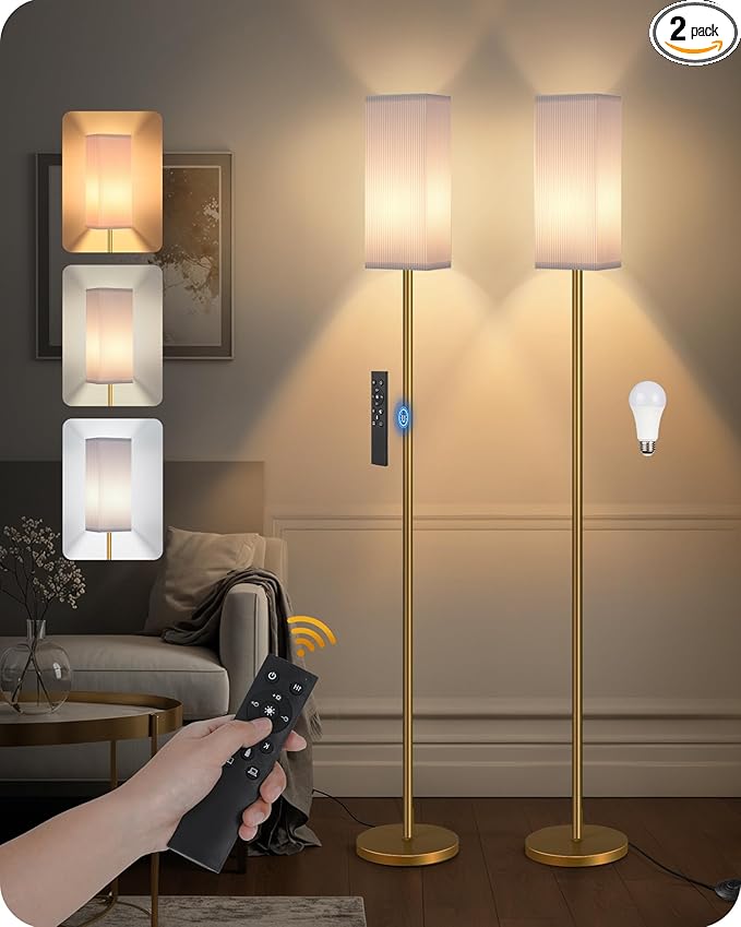 2Pack 64.2” Dimmable Floor Lamp for Living Room with Remote & Foot Switch, Corner Floor Lamp for Bedroom, Includes A19 Bulb, Modern Standing Tall Lamp, ETL Listed White and Gold DCW17LDP205