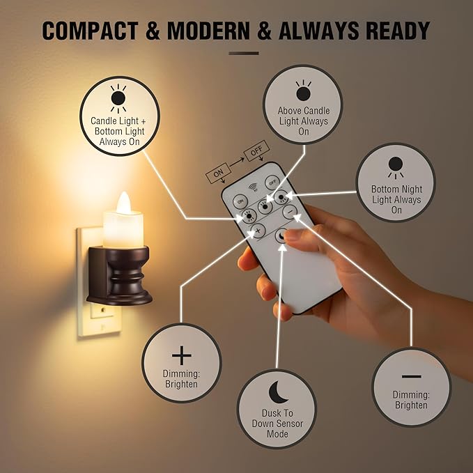 Meonum Remote Control Flickering Flameless Candle Night Light Plug in, Dimmable LED Nightlight with Dusk to Dawn Sensor, Dual Light Candle Nightlight for Bedroom, Hallway, Bathroom(Warm Yellow)