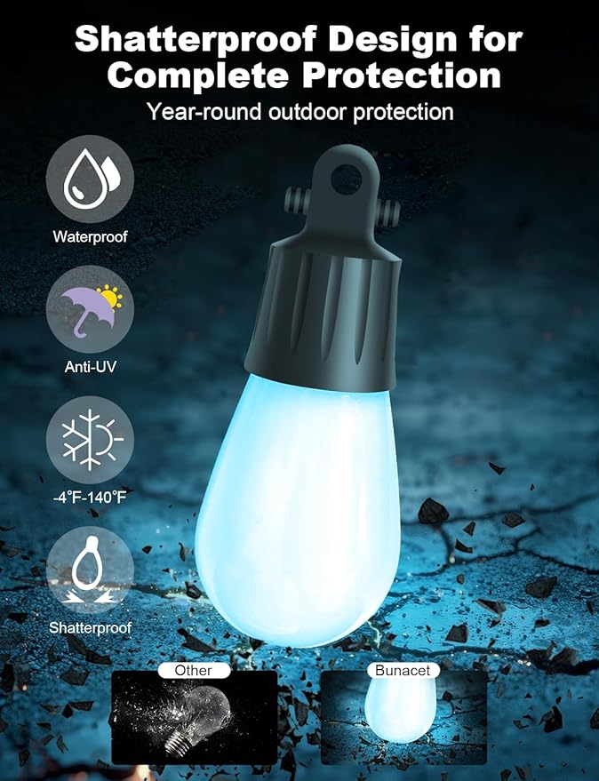 Outdoor String Lights APP Control with Remote, 64(52+12) ft RGB+IC+Warm White Outdoor Lights 18 LED Bulbs Music Sync for Garden Party Decor Christmas
