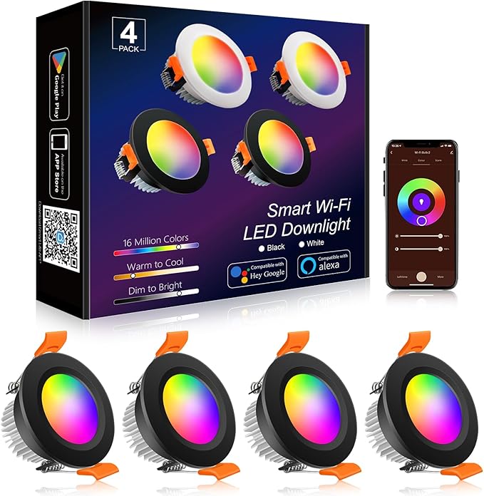 YGS-Tech Smart 3 Inch LED Recessed Lighting RGB WiFi Downlight, 5W Compatible with Alexa and Google Home, Dimmable RGB & CCT 2700-6500K Color Changing, 120V Ceiling Light with LED Driver (4 Pack)