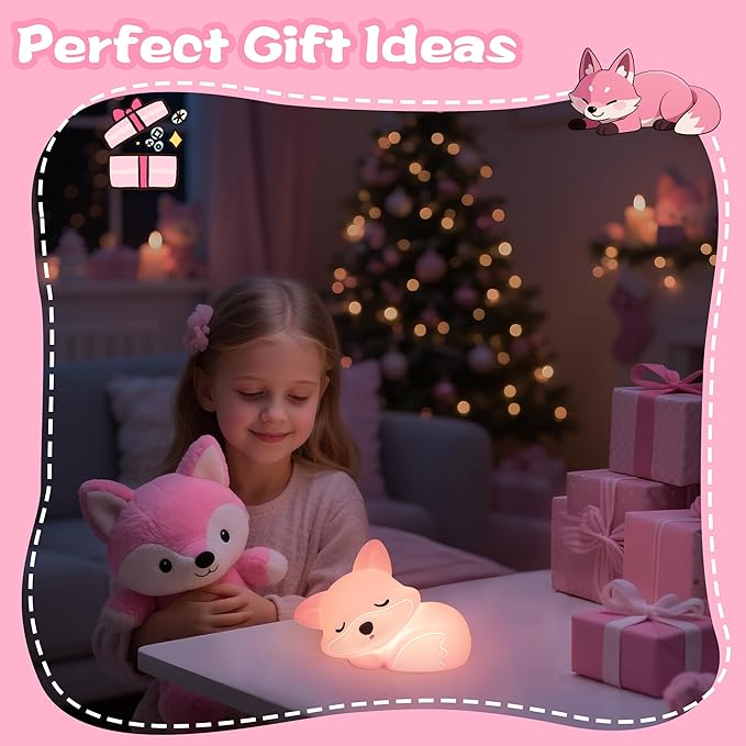 YuanDian Fox Night Light for Girls, Squishy Fox Silicone Lamp Novelty Gifts, Rechargeable Dimmable Timer Bedside Touch Nightlight for Breastfeeding Toddler Baby Kids
