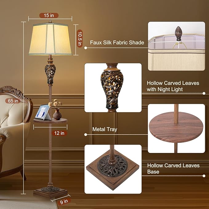 65" High Vintage Floor Lamp with Night Light and Metal Tray, Farmhouse Standing Lamp with Beige Faux Silk Shade, Retro Rustic Tall Lamp Decor for Living Room, Bedroom, Bedside, Corner (Bulb Included)