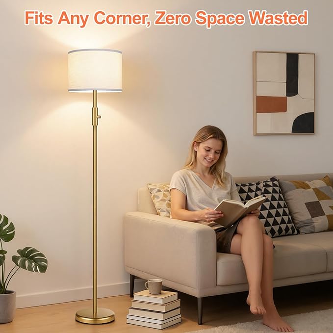 【Upgraded】 Dimmable Gold Floor Lamps for Living Room, 9W LED Bulb Included, Modern Standing Lamp with White Lamp Shade, Tall Pole Light for Bedroom Reading Office Corner Nursery