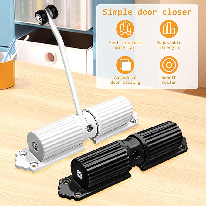 Automatic Door Closer - Heavy Duty Automatic Safety Spring Door Closer, Adjustable Tension Spring Action, for Wooden Doors up to 140 lbs with, Installation Hardware (White)