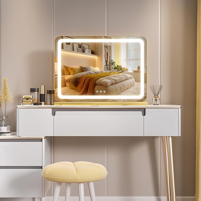 Hasipu Vanity Mirror with Lights, 31.5" x 22" LED Makeup Mirror, Lighted Makeup Mirror with Dimmable 3 Modes, Touch Screen Control Vanity Mirror Round Gold