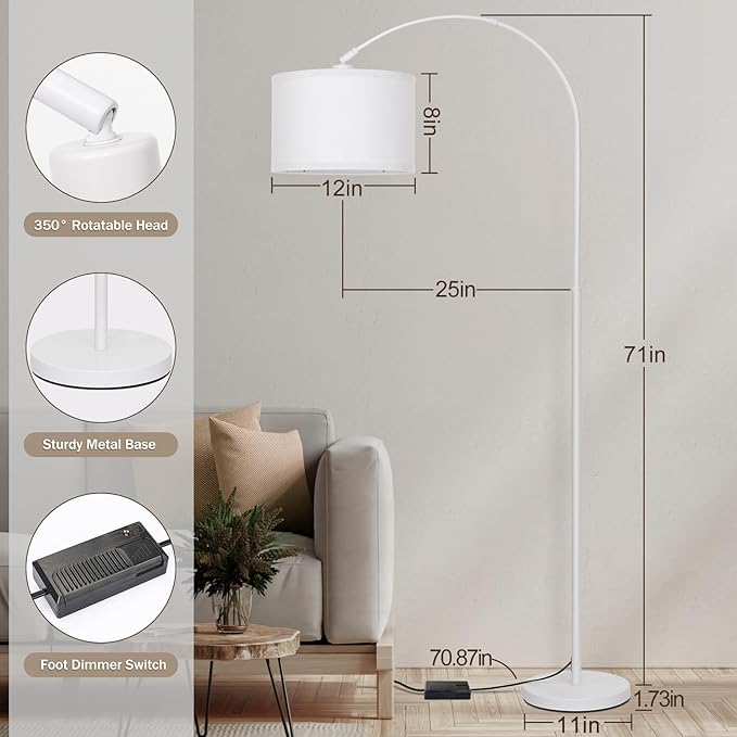 Seaside village Standing Lamp for Living Room, Dimmable Arc Floor Lamp with White Adjustable Hanging Shade, Modern Pole Lamp Tall Reading Light for Bedroom, Over Couch, Office, 9W LED Bulb Included