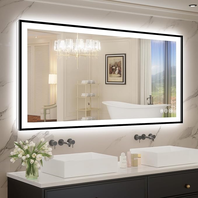 55x30 LED Bathroom Mirror with Lights, Black Aluminum Framed, Backlit + Front Lit, Lighted Bathroom Vanity Mirror for Wall, Anti-Fog, Memory Function, Dimmable, Shatterproof ETL Listed