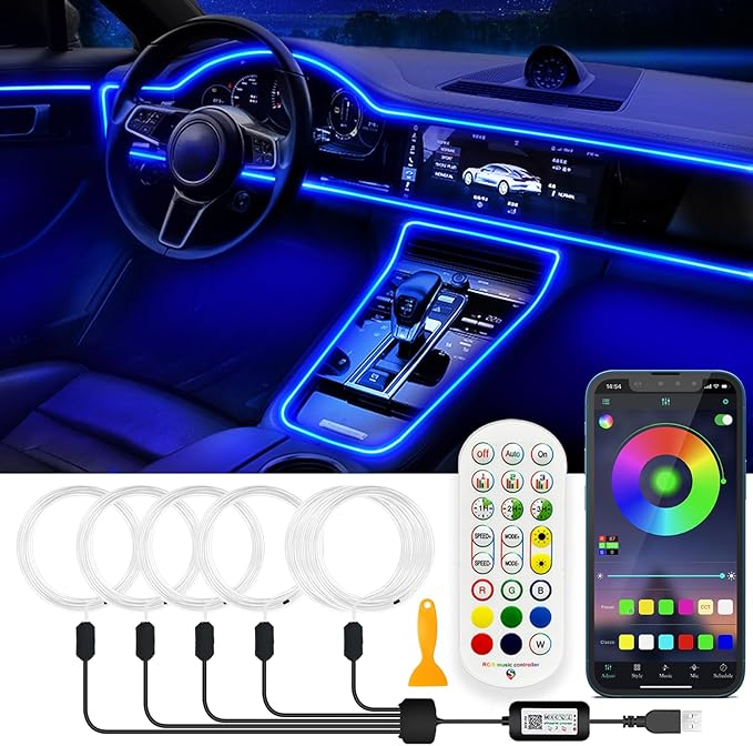 Interior Car LED Strip Lights, RGB USB Car Ambient Lighting with Wireless APP & Remote Control, Car Accessories Fiber Optifc Lights Sync to Music (5 LED/276 inches)