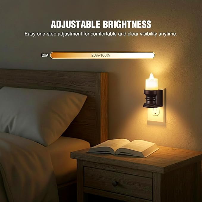 Meonum Flickering Flameless Candle Night Light Plug in, Dimmable LED Nightlight with Dusk to Dawn Sensor, Decorative Candle Light for Bedroom, Hallway, Bathroom(2 Pcs,Warm Yellow & Brown Base)