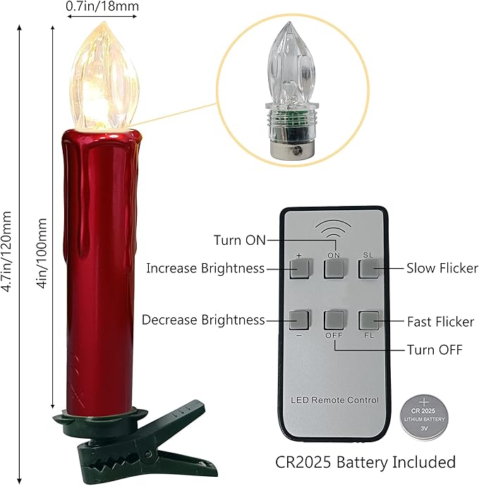 Candlesticks LED Taper Candle,Red Remote LED Candle Sticks Battery Operated Chandelier Flameless Candles with Clip,Flickering Warm White Lights for Wedding Party Women Gifts,RED-LED