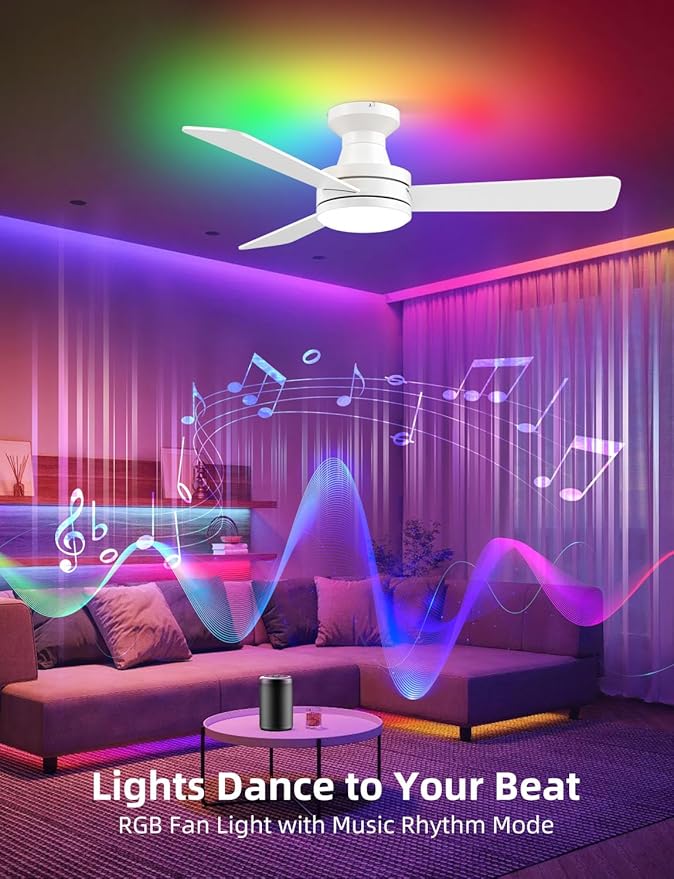 42" RGB Ceiling Fan with Light, Music Sync Smart Fan with Alexa/Google/App Control, Low Profile Flush Mount, 6-Speed Quiet DC Motor, 4 CCT Dimmable Lighting for Bedroom Living Room, White