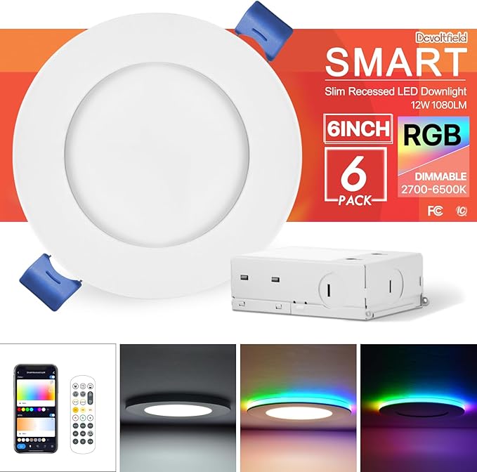 6Pack Smart RGB Recessed Light 6Inch,Ultra-Thin Canless LED Downlight,2.4GHz Wi-Fi Bluetooth Direct Connect,2700K-6500K,12W,1080LM,Work with App/Alexa/Google Assistant/Siri