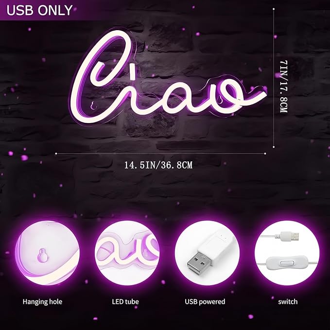 Ciao LED Neon Signs for Wall Decor Neon Wall Art Acrylic LED Lights with Hanging Chain Light Up Signs for Bedroom Decor Graduation Bar Pub Wedding Christmas Birthday Party 5V USB Powered Dimmable