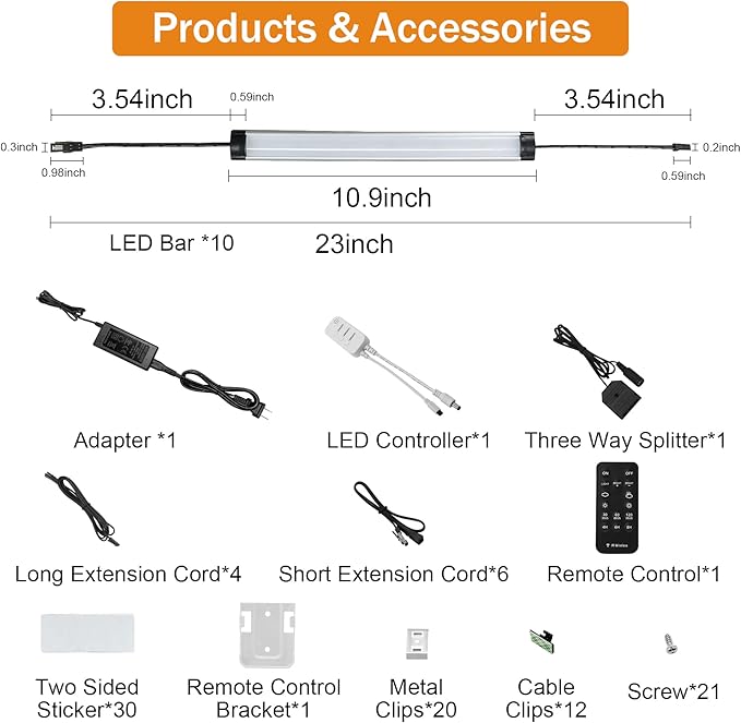 Under Cabinet Lights Kit, LED Smart Dimmable Strip Lighting Fixtures, 24V Plug in Linkable Bar LED Counter Lights for Pantry, Kitchen, Shelf, Bookcases, Showcase (10 PCS, Warm White)