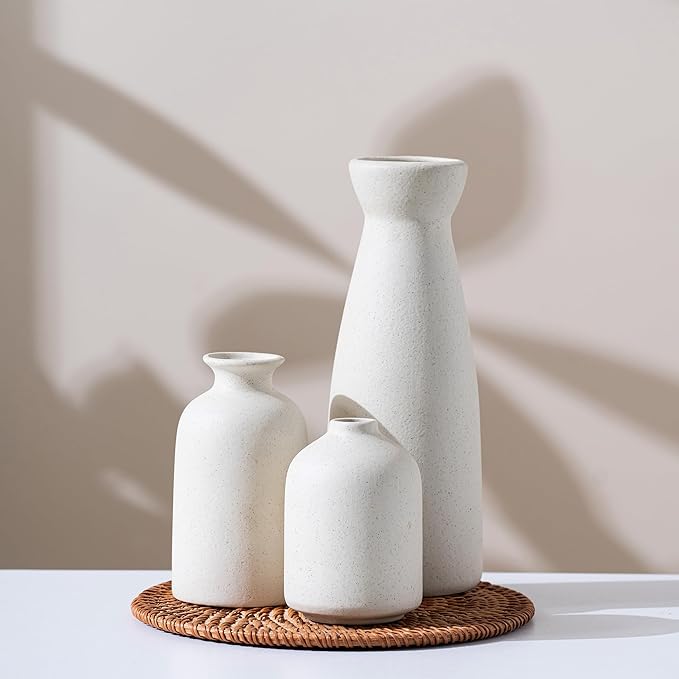 Ceramic Small Vase Set of 3,Modern Boho Farmhouse Home Decor,Pampas Grass Vase,Minimalist Decor,for Entryway Table,Bookshelf,Living Room, Bedroom,Kitchen,Coffee Table Decoration (White)