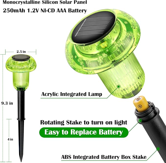 Solar Lights Outdoor Pathway Waterproof 8 Pack Green LED Green Stake Acrylic Mushroom Decorative Garden Lights for Yard Landscape Patio Outside Decorations