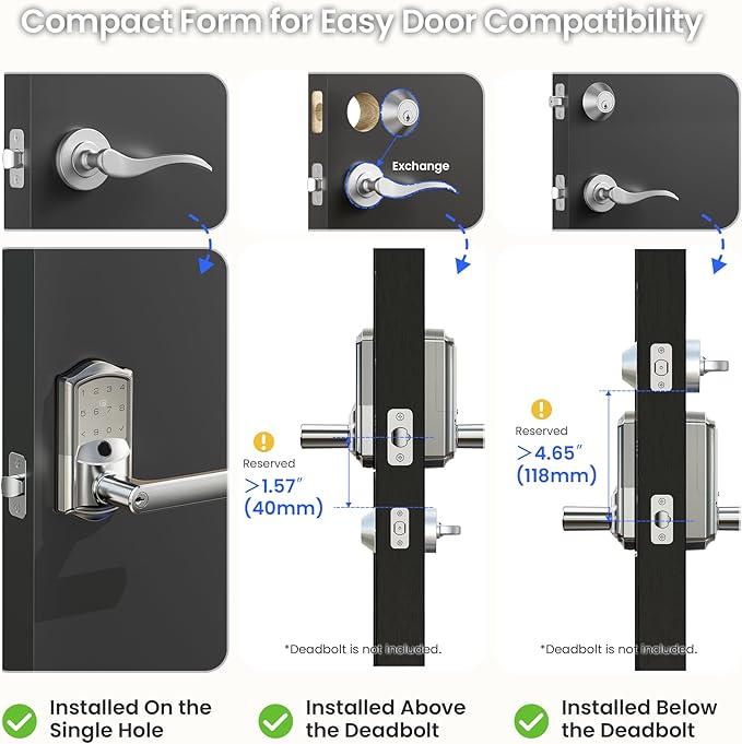Veise VE029 WiFi Smart Lever Lock, Fingerprint Keyless Entry Door Lock with Handle, Built-in WiFi, Remote App Control, Electronic Digital Knob for Front Door and Bedroom, IP65 Waterproof, Satin Nickel